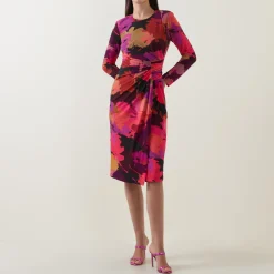 Hot Abstract Floral Gathered Wrap Dress Women Dresses