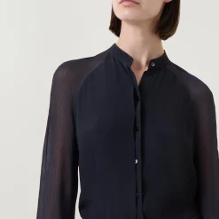 Outlet Blouson-Sleeve Sheer Blouse Women Tops