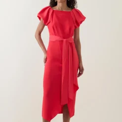Hot Della Puff-Sleeve Belted Asymmetric Dress Women Dresses