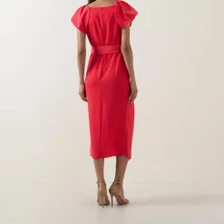 Hot Della Puff-Sleeve Belted Asymmetric Dress Women Dresses