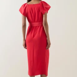 Hot Della Puff-Sleeve Belted Asymmetric Dress Women Dresses