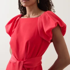 Hot Della Puff-Sleeve Belted Asymmetric Dress Women Dresses