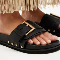 Sale Ellie Studded-Buckle Leather Sliders Women Sandals