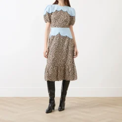 New Embroidery Panelled Leopard Dress Women Occasion Dressing
