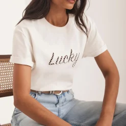 Clearance Eyelet Graphic Slogan T-Shirt Women Tops