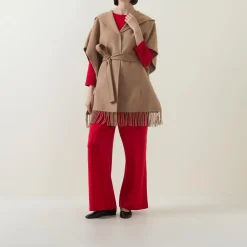 Sale Fringed Hem Belted Cape Women Coats & Jackets