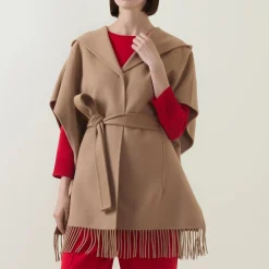 Sale Fringed Hem Belted Cape Women Coats & Jackets