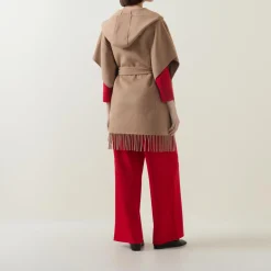Sale Fringed Hem Belted Cape Women Coats & Jackets