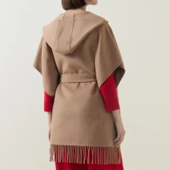 Sale Fringed Hem Belted Cape Women Coats & Jackets