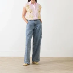 Best Higg Rhinestone Wide Leg Jeans Women Denim
