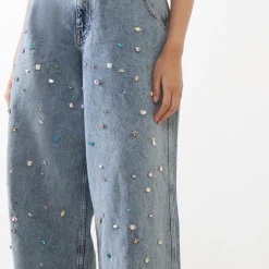 Best Higg Rhinestone Wide Leg Jeans Women Denim