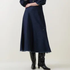 Hot High-Rise Fringed Denim Flared Skirt Women Skirts