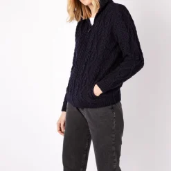 Outlet Knitwear Ash Aran Zipped Hooded Jacket Navy Women Sweaters & Cardigans