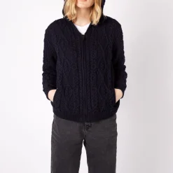 Outlet Knitwear Ash Aran Zipped Hooded Jacket Navy Women Sweaters & Cardigans