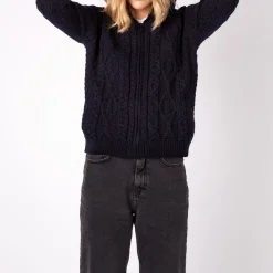 Outlet Knitwear Ash Aran Zipped Hooded Jacket Navy Women Sweaters & Cardigans