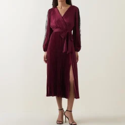 Best Lace-Sleeve Pleated Wrap Dress Women Dresses|Mother Of The Bride