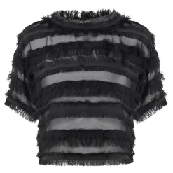 Lipona Semi-Sheer Fringe T-Shirt Women Tops