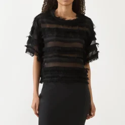 Lipona Semi-Sheer Fringe T-Shirt Women Tops
