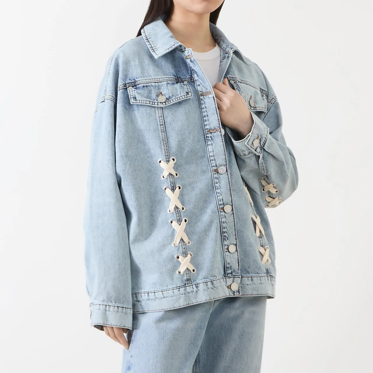 Outlet Moon Lace-Up Denim Jacket Women Coats & Jackets