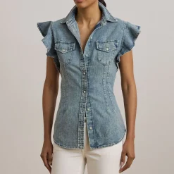 Hot Palmancee Flutter Denim Shirt Women Tops