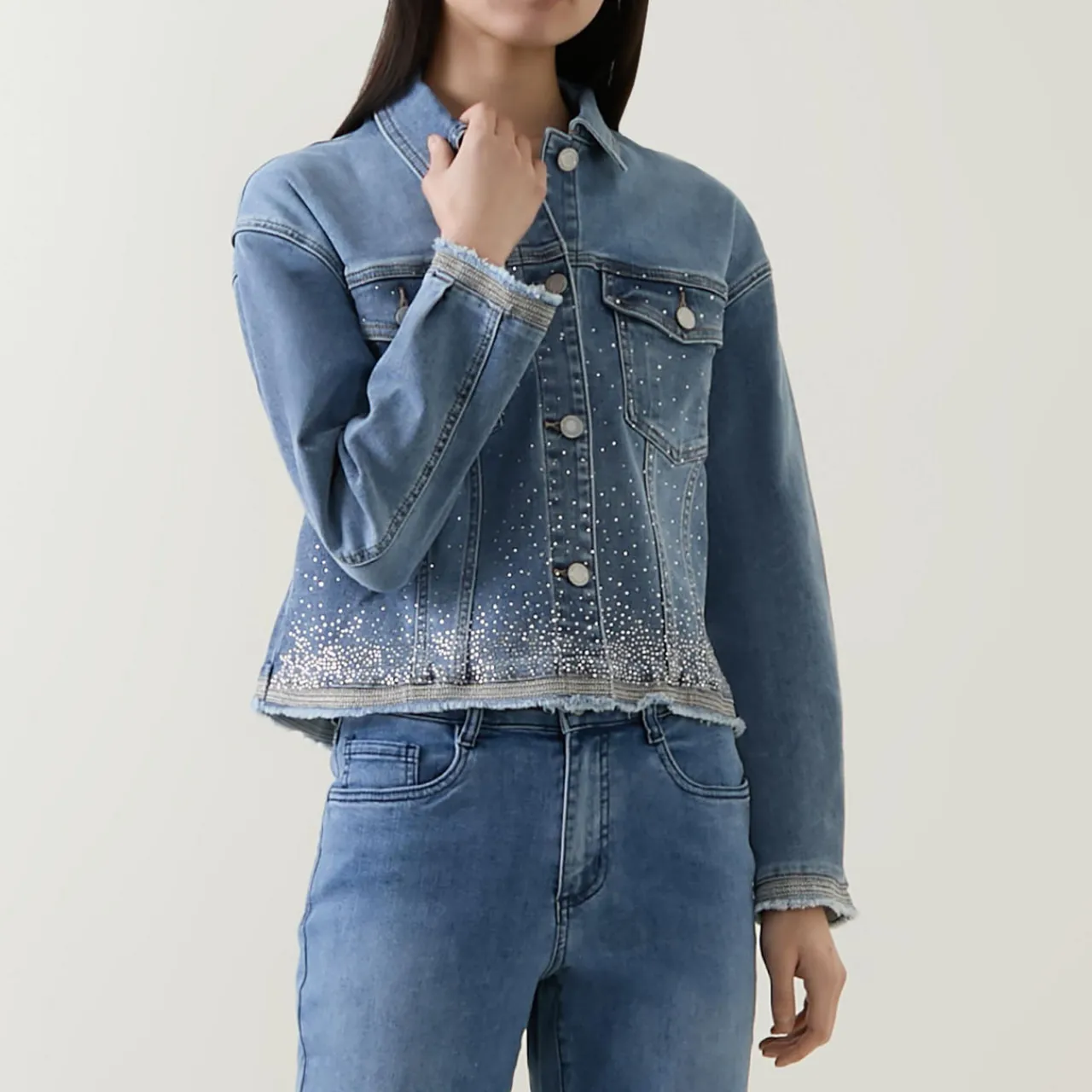 Clearance Raw Edge Embellished Denim Jacket Women Coats & Jackets