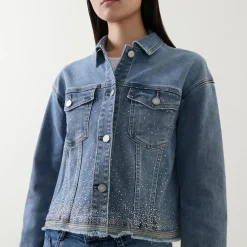 Clearance Raw Edge Embellished Denim Jacket Women Coats & Jackets