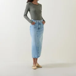 Striped Rib Long-Sleeved T-Shirt Women Tops