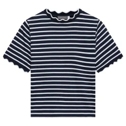Outlet Striped Scallop Trim T-Shirt Women Tops