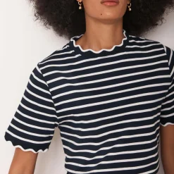 Outlet Striped Scallop Trim T-Shirt Women Tops