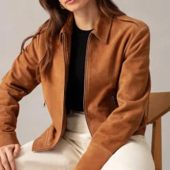 Online Zip-Through Suede Jacket Women Coats & Jackets